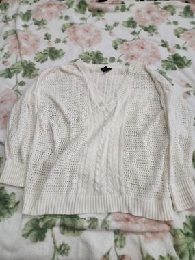 Lane Bryant Cream Open-Knit V-Neck Sweater